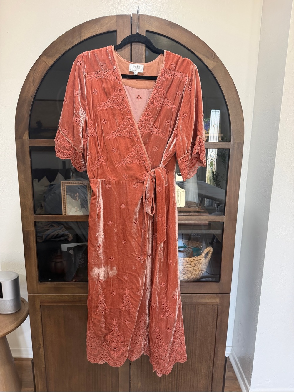 EUC Johnny Was Jade Lola Burnt Orange Velvet Wrap dress with Lace Trim
